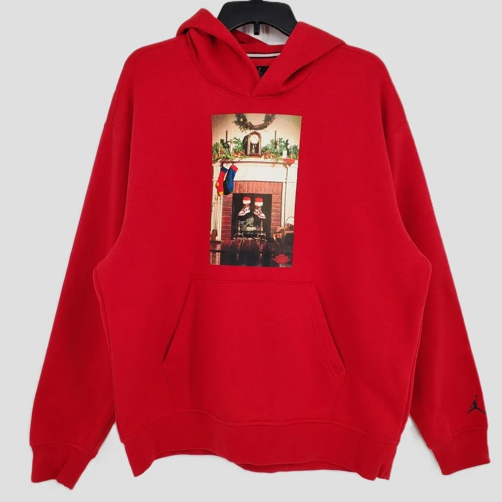 Jordan Mens Size Small Red Christmas Fireplace Graphic‎ Hoodie Sweatshirt Pocket